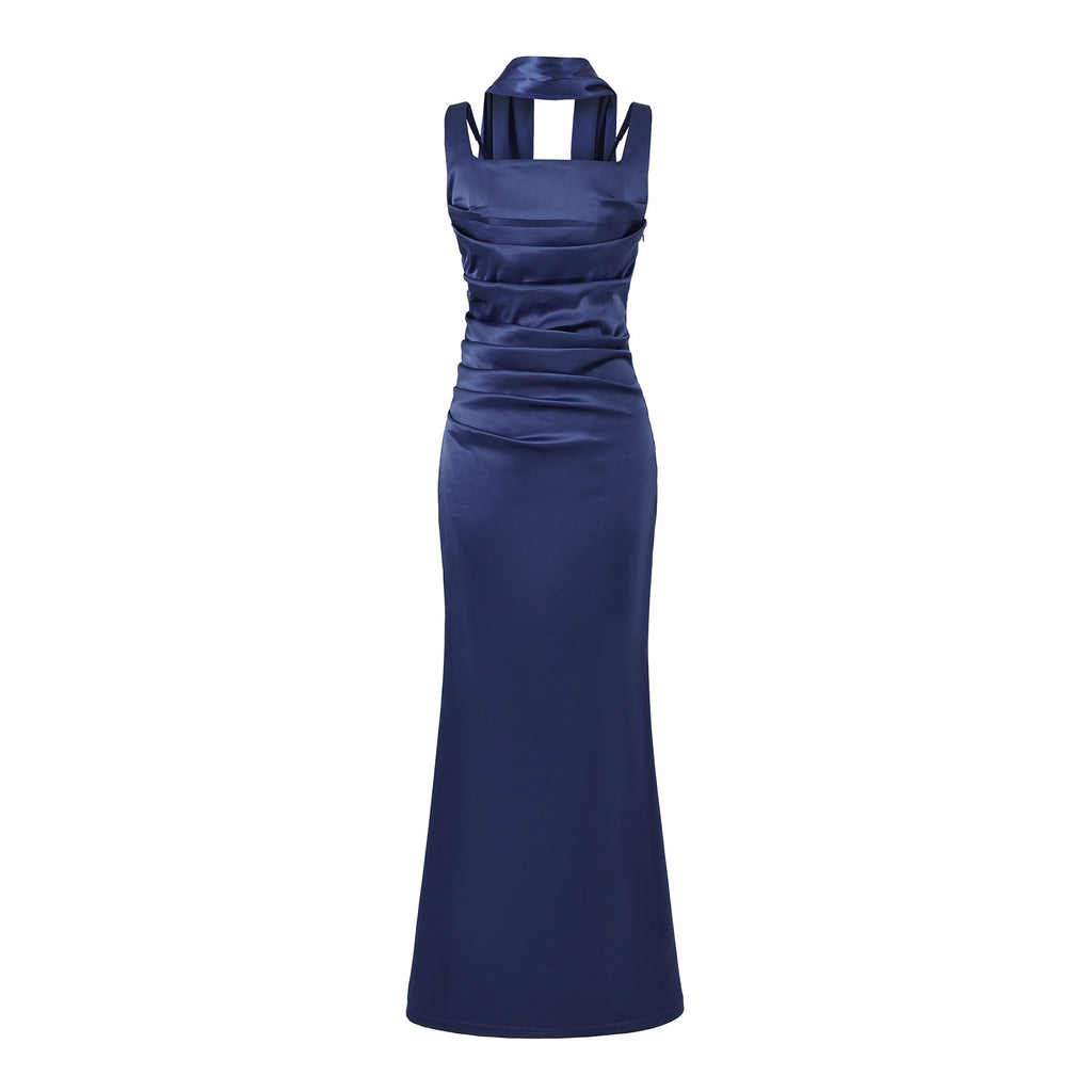 Women's Elegant Satin Square Neck Spaghetti Strap Ruched Corset Sheath Maxi Evening Dress with Lace-Up Back