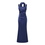 Women's Elegant Satin Square Neck Spaghetti Strap Ruched Corset Sheath Maxi Evening Dress with Lace-Up Back