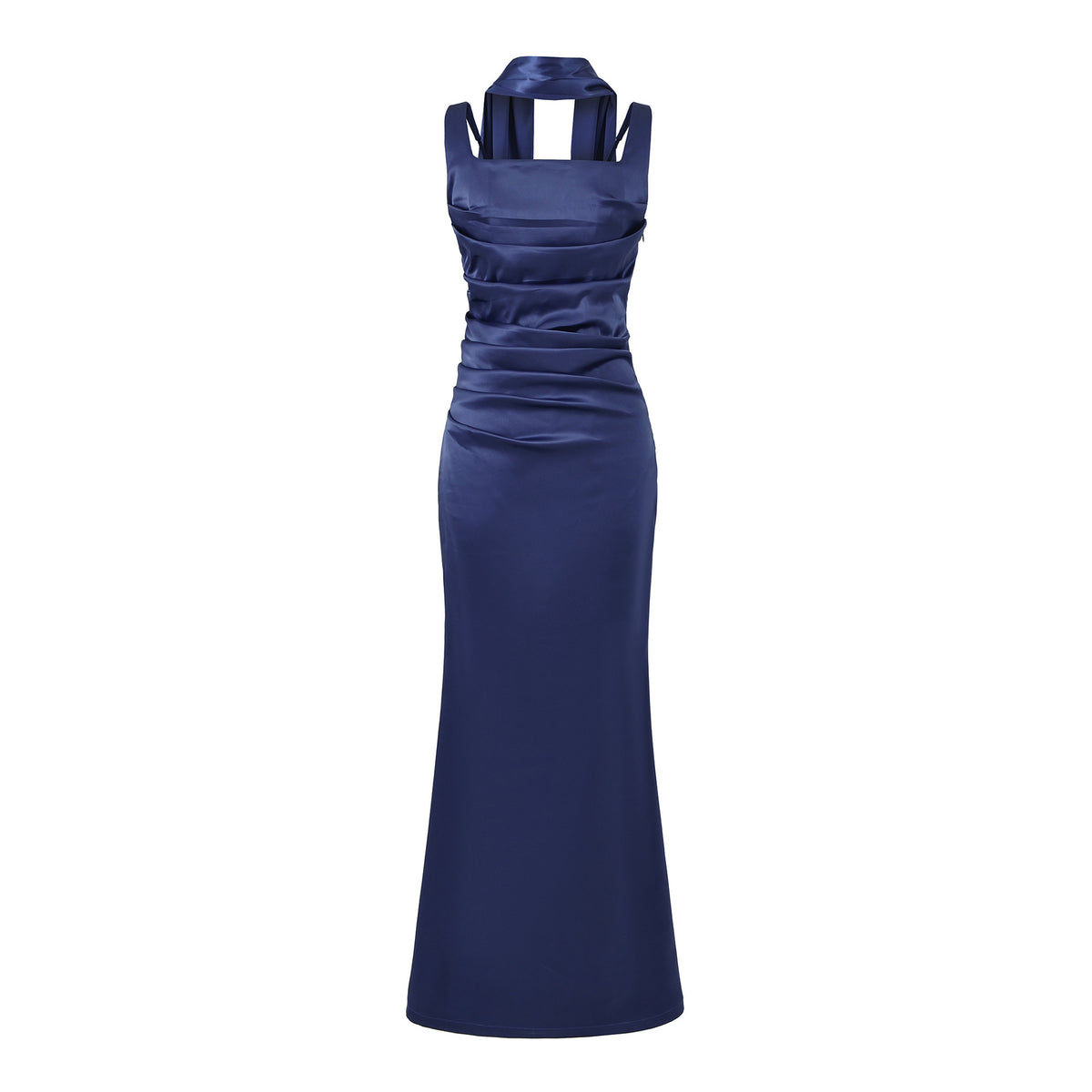 Women's Elegant Satin Square Neck Spaghetti Strap Ruched Corset Sheath Maxi Evening Dress with Lace-Up Back