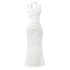 Women's Elegant Satin Square Neck Spaghetti Strap Ruched Corset Sheath Maxi Evening Dress with Lace-Up Back