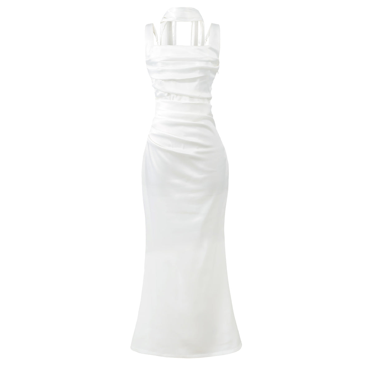 Women's Elegant Satin Square Neck Spaghetti Strap Ruched Corset Sheath Maxi Evening Dress with Lace-Up Back