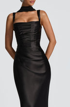 Women's Elegant Satin Square Neck Spaghetti Strap Ruched Corset Sheath Maxi Evening Dress with Lace-Up Back