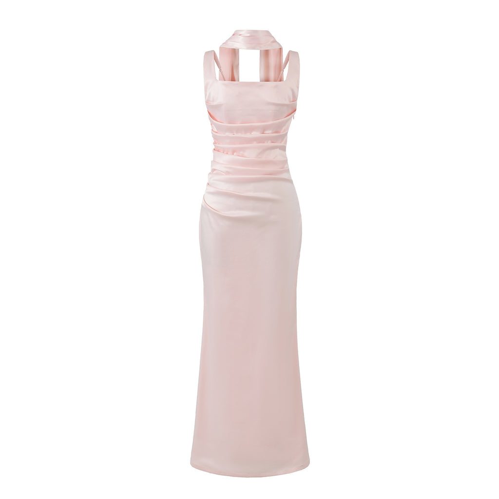 Women's Elegant Satin Square Neck Spaghetti Strap Ruched Corset Sheath Maxi Evening Dress with Lace-Up Back