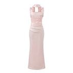Women's Elegant Satin Square Neck Spaghetti Strap Ruched Corset Sheath Maxi Evening Dress with Lace-Up Back
