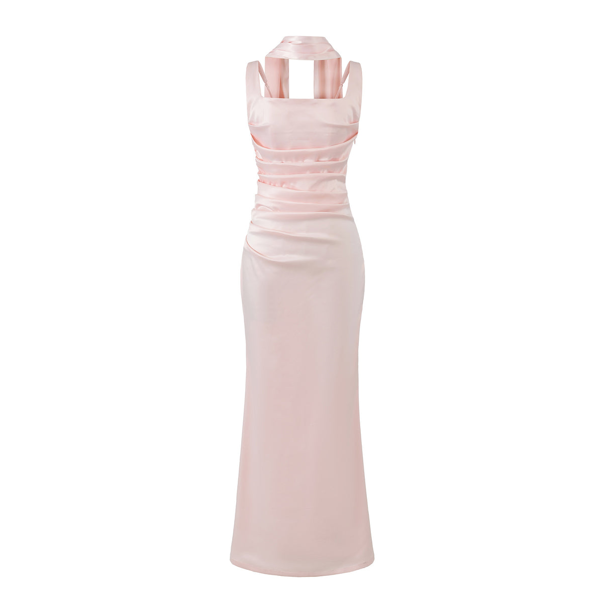 Women's Elegant Satin Square Neck Spaghetti Strap Ruched Corset Sheath Maxi Evening Dress with Lace-Up Back