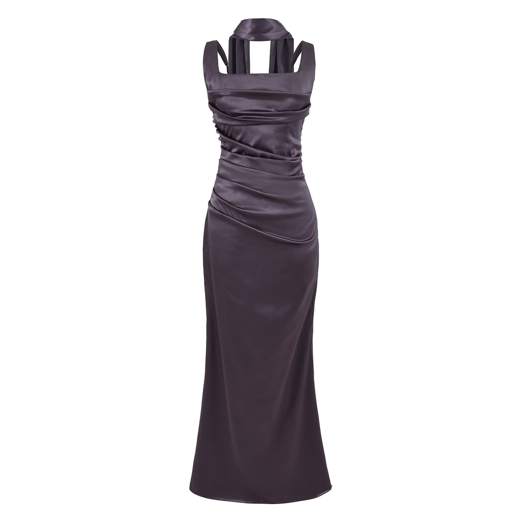 Women's Elegant Satin Square Neck Spaghetti Strap Ruched Corset Sheath Maxi Evening Dress with Lace-Up Back