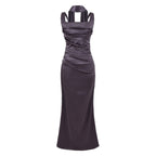 Women's Elegant Satin Square Neck Spaghetti Strap Ruched Corset Sheath Maxi Evening Dress with Lace-Up Back