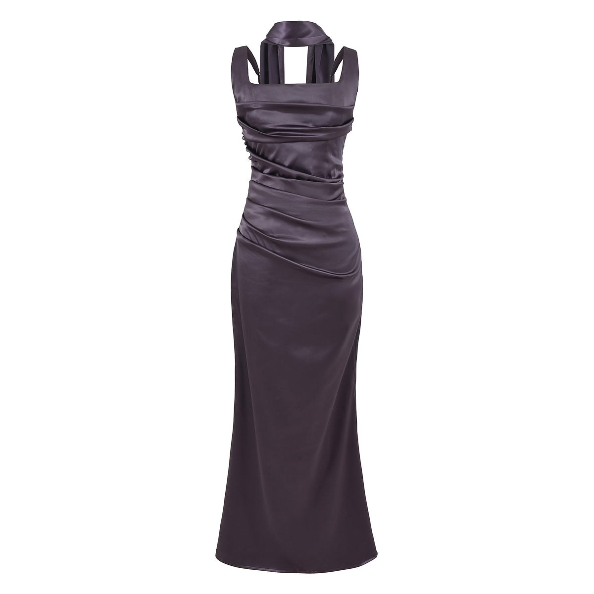 Women's Elegant Satin Square Neck Spaghetti Strap Ruched Corset Sheath Maxi Evening Dress with Lace-Up Back