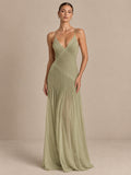 Women's Elegant Sage Green Deep V-Neck Spaghetti Strap Pleated A-Line Maxi Evening Dress