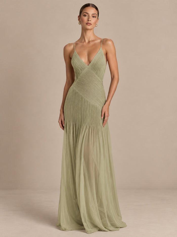 Women's Elegant Sage Green Deep V-Neck Spaghetti Strap Pleated A-Line Maxi Evening Dress