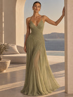 Women's Elegant Sage Green Deep V-Neck Spaghetti Strap Pleated A-Line Maxi Evening Dress