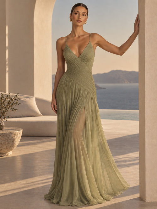 Women's Elegant Sage Green Deep V-Neck Spaghetti Strap Pleated A-Line Maxi Evening Dress