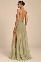 Women's Elegant Sage Green Deep V-Neck Spaghetti Strap Pleated A-Line Maxi Evening Dress