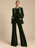 Women's Elegant Dark Green Velvet Satin Lapel Tailored Blazer and High-Waisted Wide Leg Pants Two-Piece Set