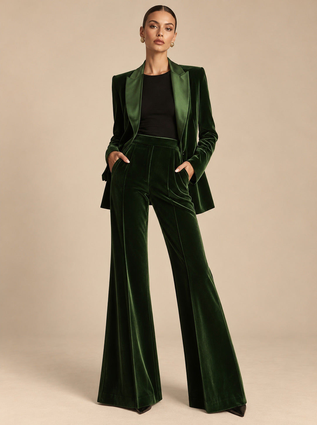 Women's Elegant Dark Green Velvet Satin Lapel Tailored Blazer and High-Waisted Wide Leg Pants Two-Piece Set
