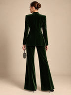 Women's Elegant Dark Green Velvet Satin Lapel Tailored Blazer and High-Waisted Wide Leg Pants Two-Piece Set