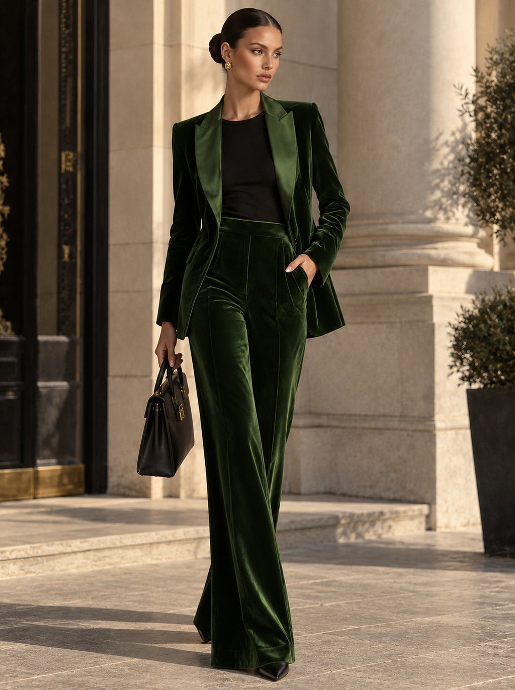 Women's Elegant Dark Green Velvet Satin Lapel Tailored Blazer and High-Waisted Wide Leg Pants Two-Piece Set