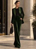Women's Elegant Dark Green Velvet Satin Lapel Tailored Blazer and High-Waisted Wide Leg Pants Two-Piece Set