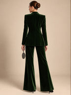 Women's Elegant Dark Green Velvet Satin Lapel Tailored Blazer and High-Waisted Wide Leg Pants Two-Piece Set