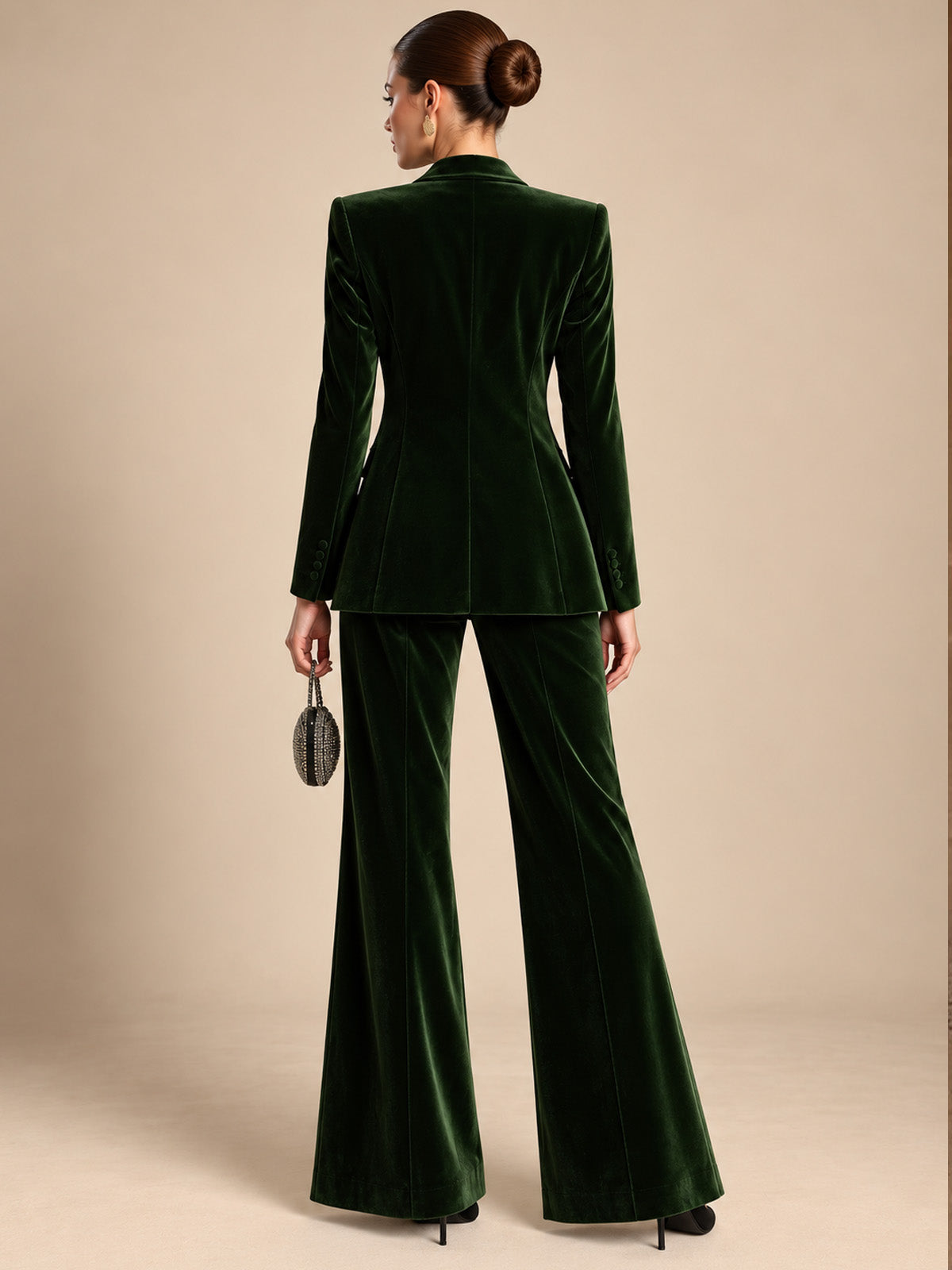 Women's Elegant Dark Green Velvet Satin Lapel Tailored Blazer and High-Waisted Wide Leg Pants Two-Piece Set