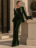 Women's Elegant Dark Green Velvet Satin Lapel Tailored Blazer and High-Waisted Wide Leg Pants Two-Piece Set