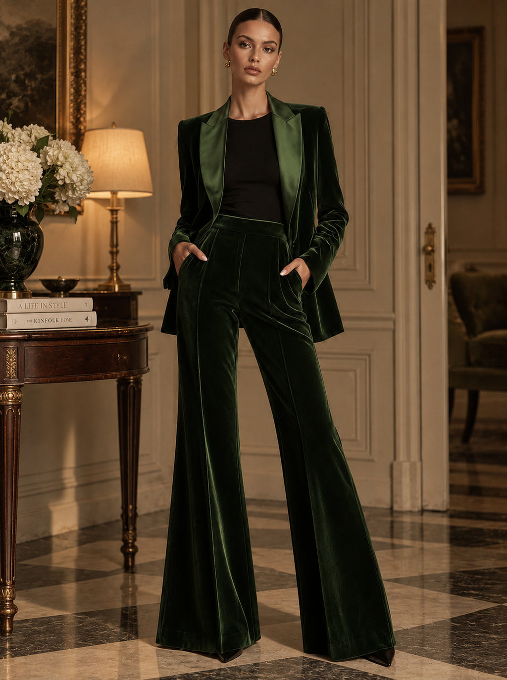 Women's Elegant Dark Green Velvet Satin Lapel Tailored Blazer and High-Waisted Wide Leg Pants Two-Piece Set