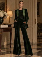 Women's Elegant Dark Green Velvet Satin Lapel Tailored Blazer and High-Waisted Wide Leg Pants Two-Piece Set