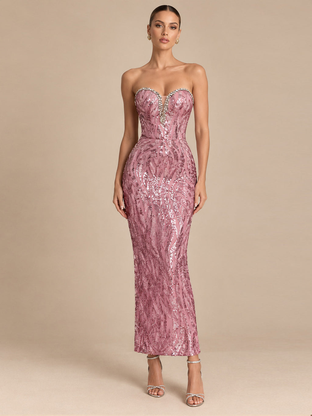 Women's Elegant Pink Sequin Strapless Sweetheart Neckline Lace-Up Back Bodycon Midi Cocktail Dress