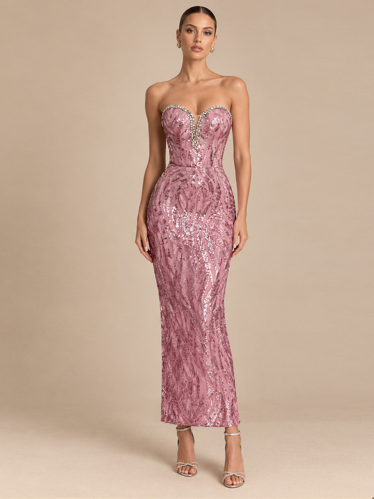 Women's Elegant Pink Sequin Strapless Sweetheart Neckline Lace-Up Back Bodycon Midi Cocktail Dress