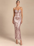 Women's Elegant Pink Sequin Strapless Sweetheart Neckline Lace-Up Back Bodycon Midi Cocktail Dress