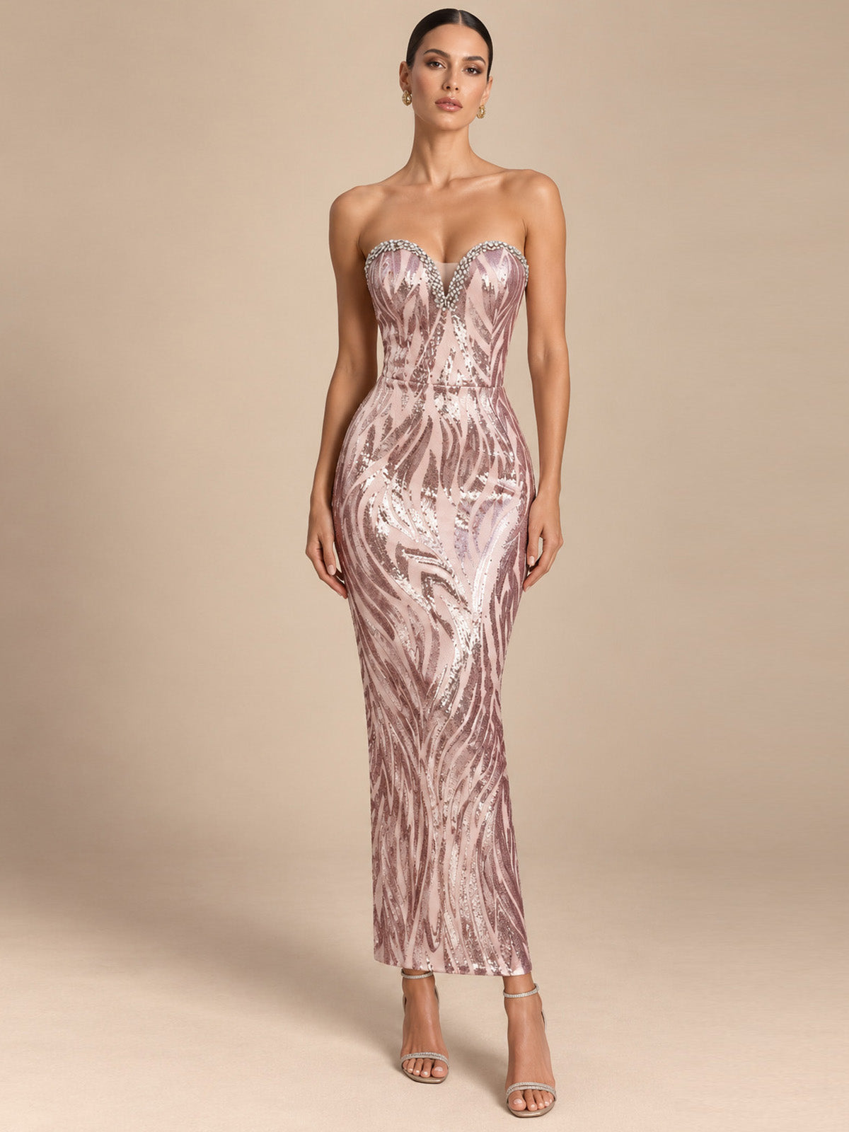 Women's Elegant Pink Sequin Strapless Sweetheart Neckline Lace-Up Back Bodycon Midi Cocktail Dress