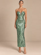 Women's Elegant Pink Sequin Strapless Sweetheart Neckline Lace-Up Back Bodycon Midi Cocktail Dress
