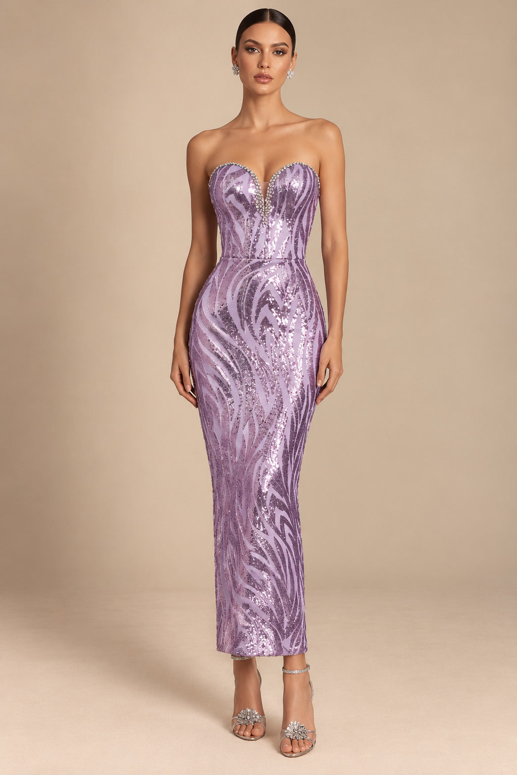 Women's Elegant Pink Sequin Strapless Sweetheart Neckline Lace-Up Back Bodycon Midi Cocktail Dress