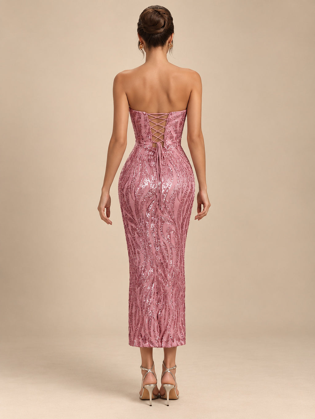Women's Elegant Pink Sequin Strapless Sweetheart Neckline Lace-Up Back Bodycon Midi Cocktail Dress