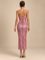 Women's Elegant Pink Sequin Strapless Sweetheart Neckline Lace-Up Back Bodycon Midi Cocktail Dress