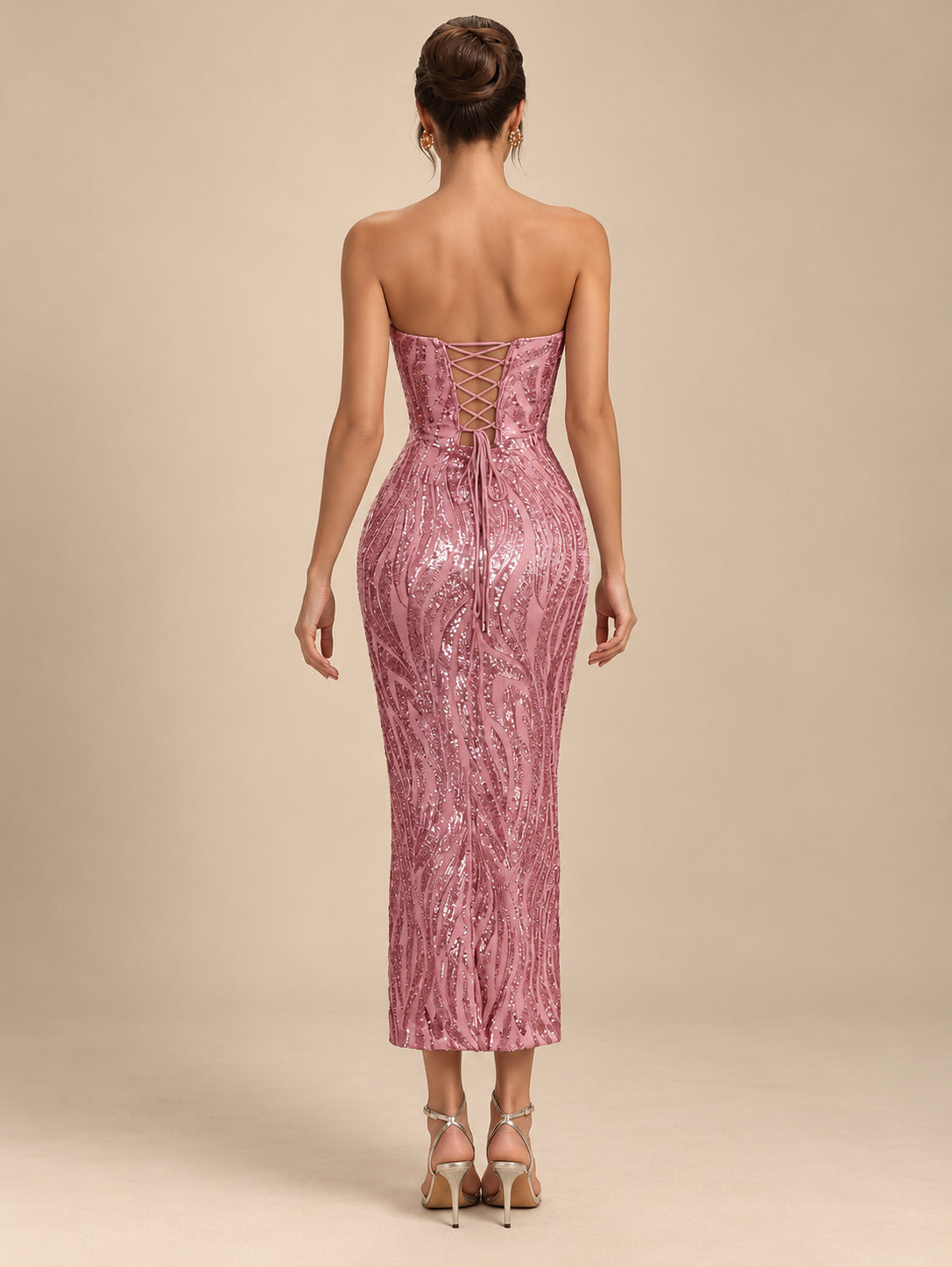Women's Elegant Pink Sequin Strapless Sweetheart Neckline Lace-Up Back Bodycon Midi Cocktail Dress