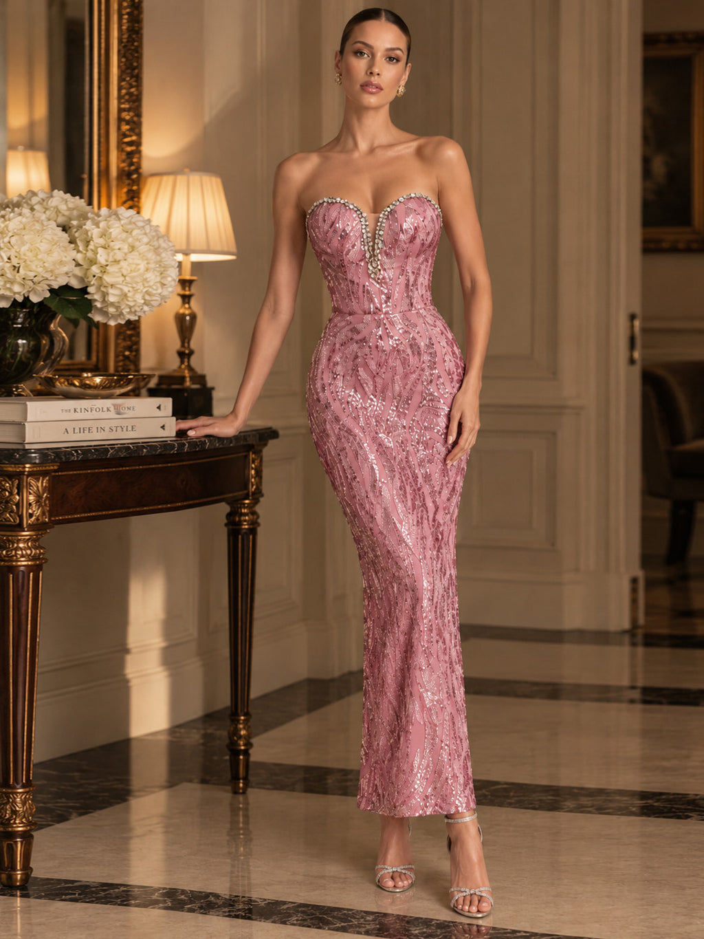 Women's Elegant Pink Sequin Strapless Sweetheart Neckline Lace-Up Back Bodycon Midi Cocktail Dress