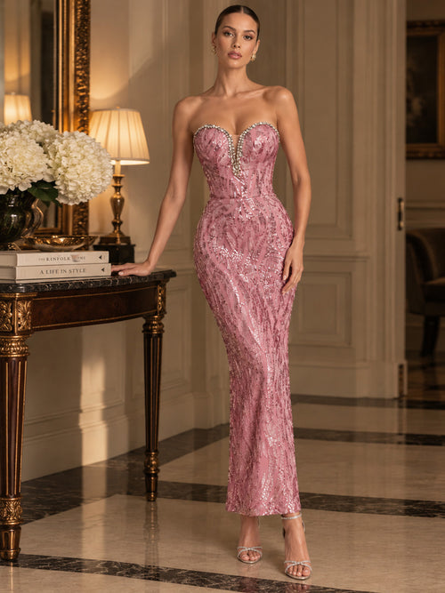 Women's Elegant Pink Sequin Strapless Sweetheart Neckline Lace-Up Back Bodycon Midi Cocktail Dress