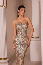 Women's Elegant Pink Sequin Strapless Sweetheart Neckline Lace-Up Back Bodycon Midi Cocktail Dress