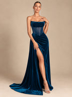Women's Glamorous Black Strapless Velvet Sheer Corset High Slit Maxi Evening Dress