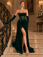 Women's Glamorous Black Strapless Velvet Sheer Corset High Slit Maxi Evening Dress