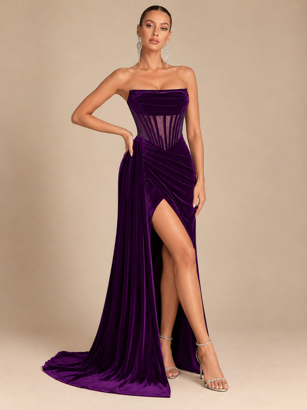 Women's Glamorous Black Strapless Velvet Sheer Corset High Slit Maxi Evening Dress