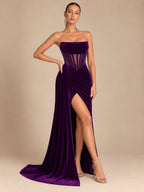 Women's Glamorous Black Strapless Velvet Sheer Corset High Slit Maxi Evening Dress
