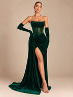 Women's Glamorous Black Strapless Velvet Sheer Corset High Slit Maxi Evening Dress