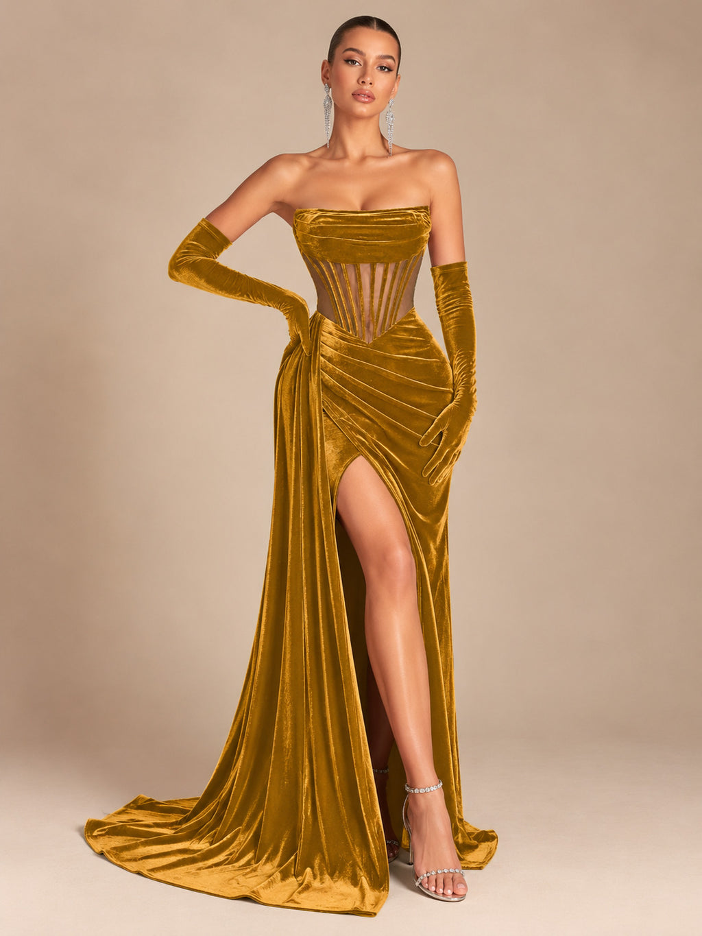 Women's Glamorous Black Strapless Velvet Sheer Corset High Slit Maxi Evening Dress