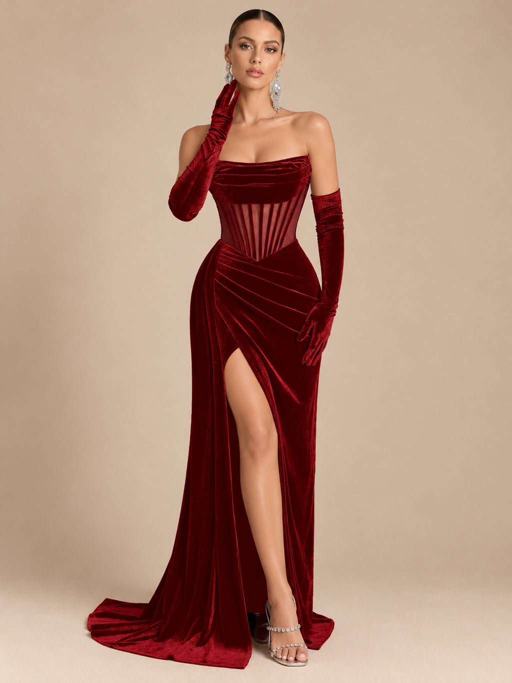Women's Glamorous Black Strapless Velvet Sheer Corset High Slit Maxi Evening Dress