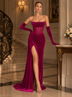 Women's Glamorous Black Strapless Velvet Sheer Corset High Slit Maxi Evening Dress
