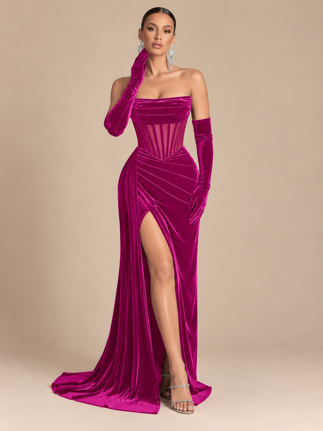 Women's Glamorous Black Strapless Velvet Sheer Corset High Slit Maxi Evening Dress