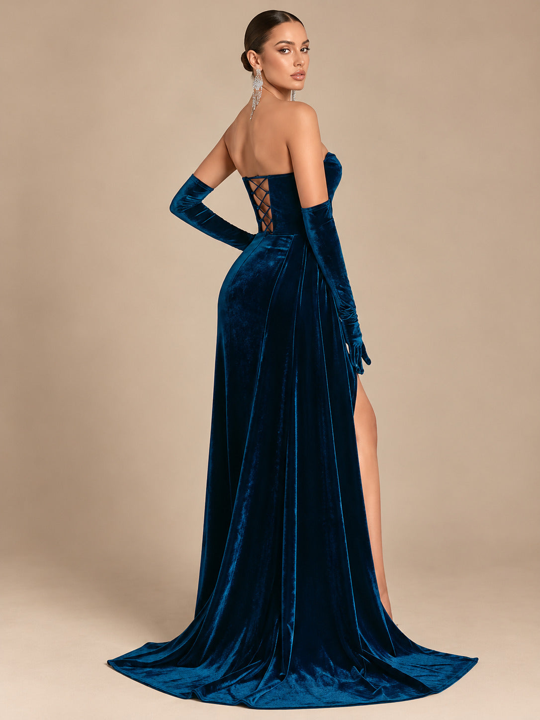 Women's Glamorous Black Strapless Velvet Sheer Corset High Slit Maxi Evening Dress