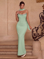 Women's Sophisticated Mint Green Strapless Beaded Corset Lace-Up Back Maxi Evening Dress